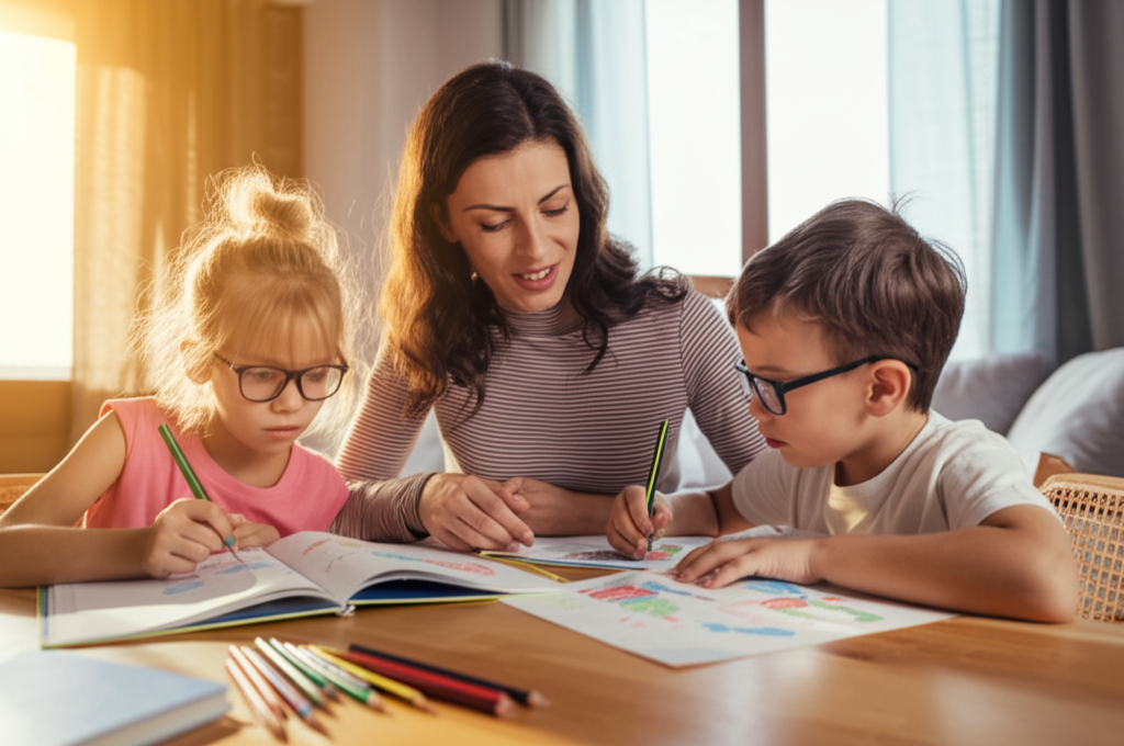Happy homeschooling family learning together